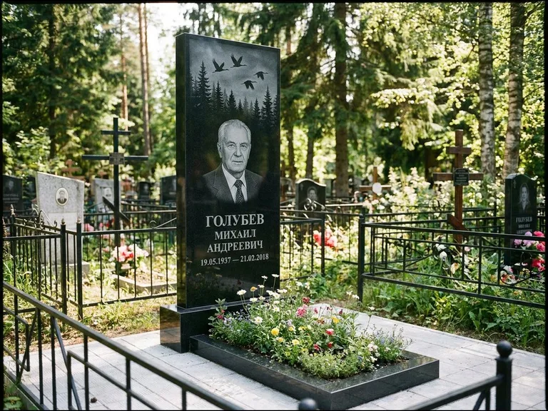 Памятник с гравировкой журавлей — гравировка силуэтов журавлей над еловым лесом, работа «Голубев» в Уфе