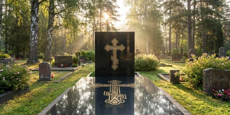 Гравировка креста на памятнике в Уфе — православный восьмиконечный крест на граните