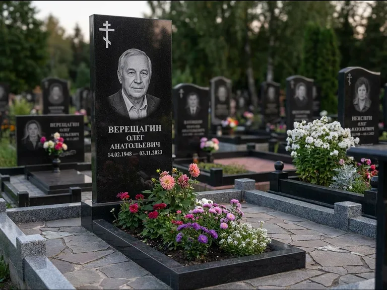 Памятник из чёрного гранита — горизонтальная плита-стела с православным восьмиконечным крестом, работа «Тихонов» в Уфе