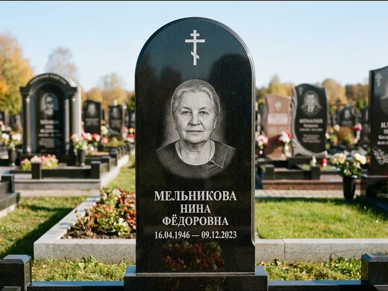 Памятник из чёрного гранита — стела с резным навершием с латинским крестом, работа «Савельева» в Уфе