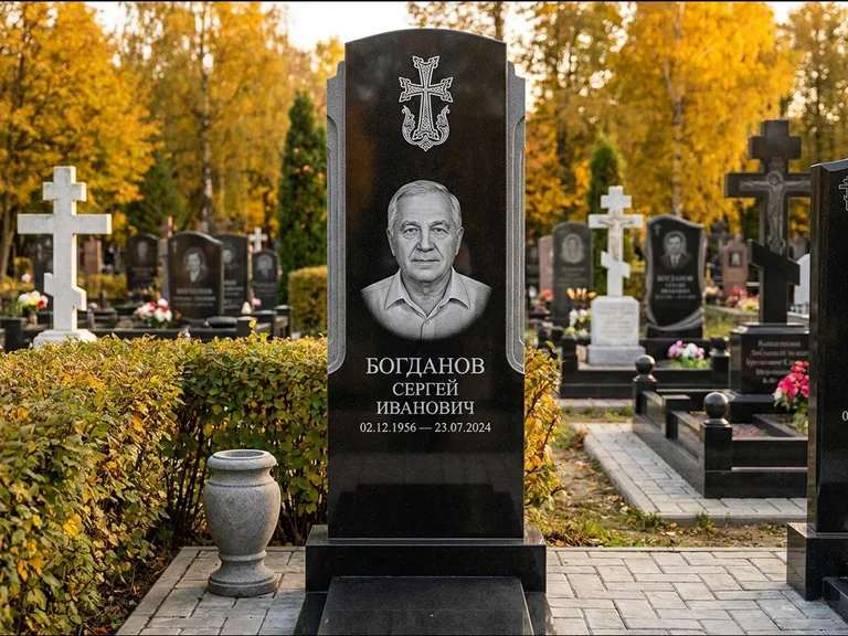 Памятник из чёрного гранита — круглая стела-медальон с армянским хачкаром, работа «Ковалёв» в Уфе