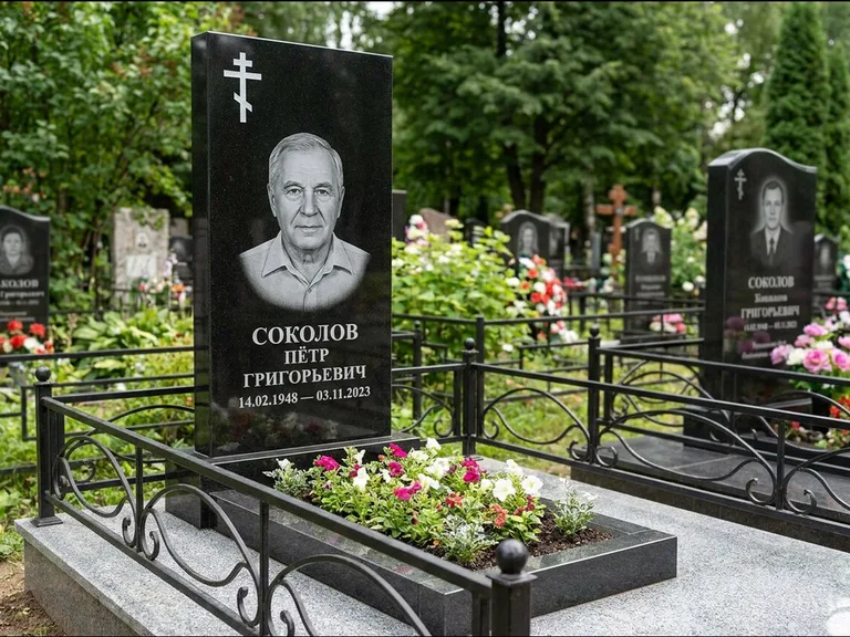 Памятник из чёрного гранита — стела с арочным верхом с православным восьмиконечным крестом, работа «Ковалёв» в Уфе