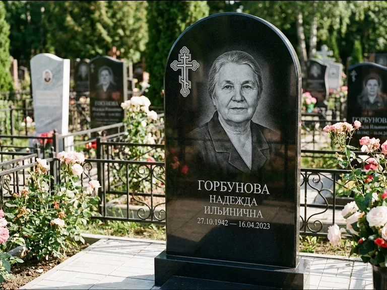 Памятник из чёрного гранита — стела с боковой колонной с крестом в лучах, работа «Мельникова» в Уфе
