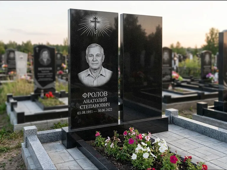 Памятник из чёрного гранита — стела на ступенчатом постаменте с золочёным крестом, работа «Богданов» в Уфе