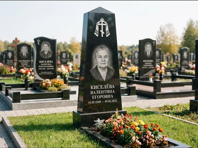 Памятник из чёрного гранита — стела со скошенным верхом с ажурным резным крестом, работа «Селезнёва» в Уфе