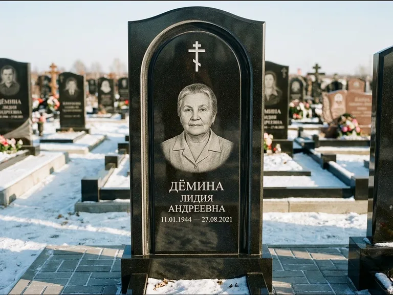 Памятник из чёрного гранита — стела-триптих с крестом с терновым венцом, работа «Ерофеева» в Уфе