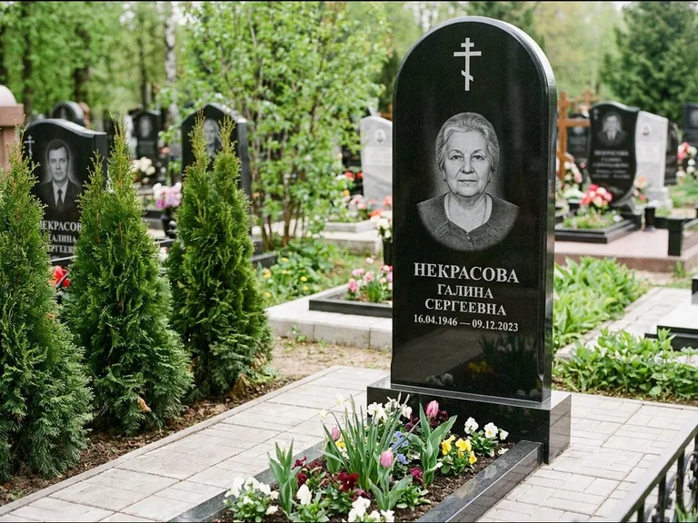 Памятник из чёрного гранита — стела с цветником-плитой с латинским крестом, работа «Лаврентьева» в Уфе