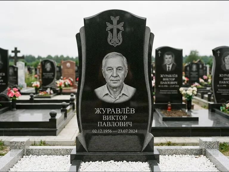 Памятник из чёрного гранита — панорамная стела с армянским хачкаром, работа «Тихонов» в Уфе