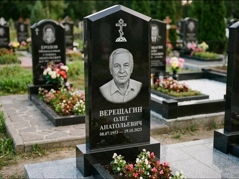 Памятник из чёрного гранита — обелиск-колонна с крестом на Голгофе, работа «Ковалёв» в Уфе