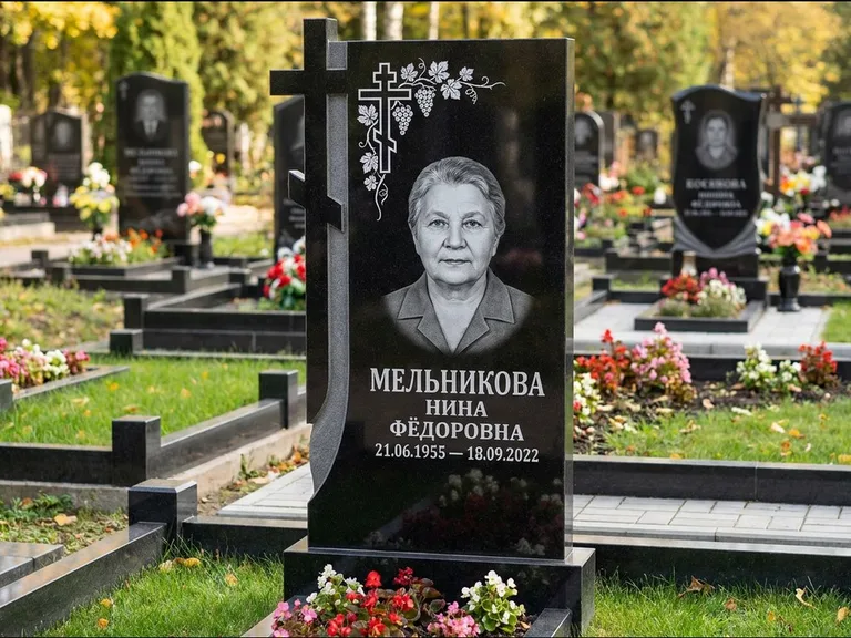 Памятник из чёрного гранита — стела с резной рамкой с крестом с распятием, работа «Некрасова» в Уфе