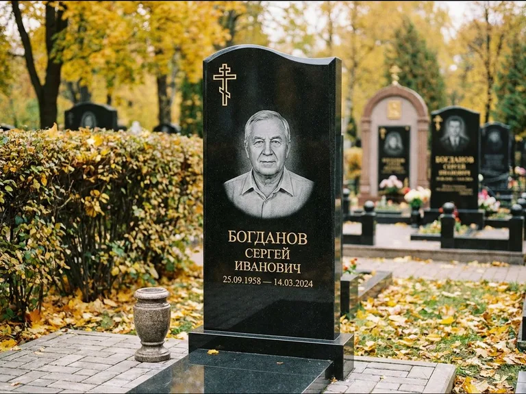 Памятник из чёрного гранита — стела с цветником с процветшим крестом с виноградной лозой, работа «Журавлёв» в Уфе