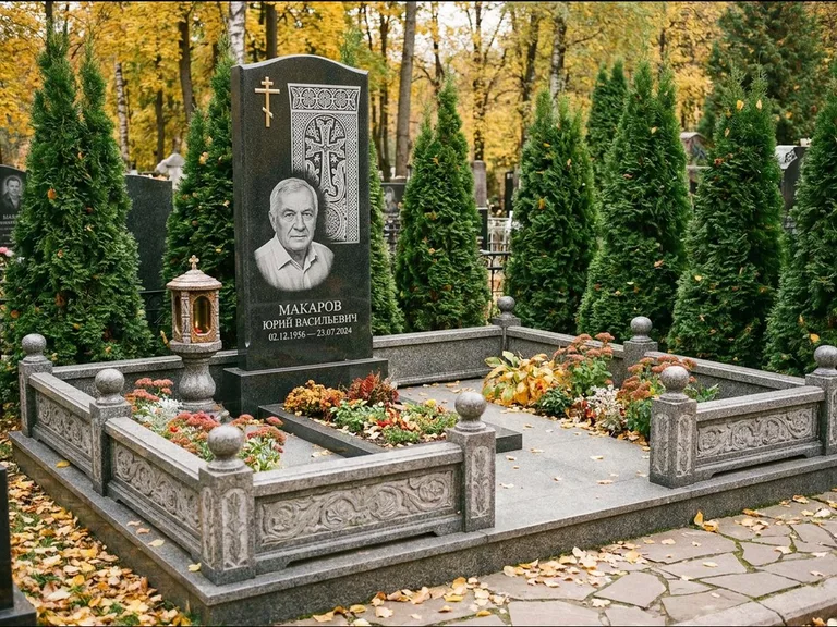 Памятник из чёрного гранита — стела с крестом и лампадой с армянским хачкаром, работа «Гущин» в Уфе
