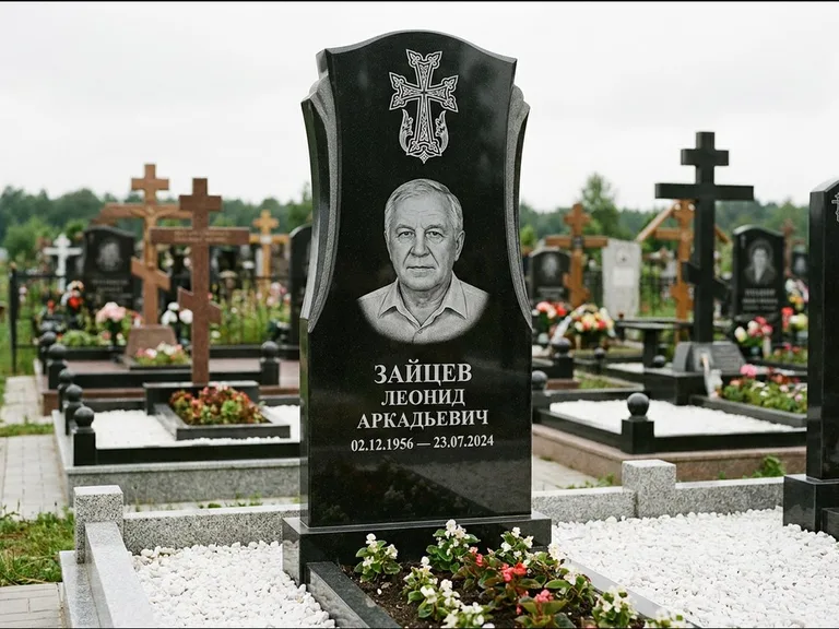 Памятник из чёрного гранита — семейная стела на двоих с армянским хачкаром, работа «Журавлёв» в Уфе