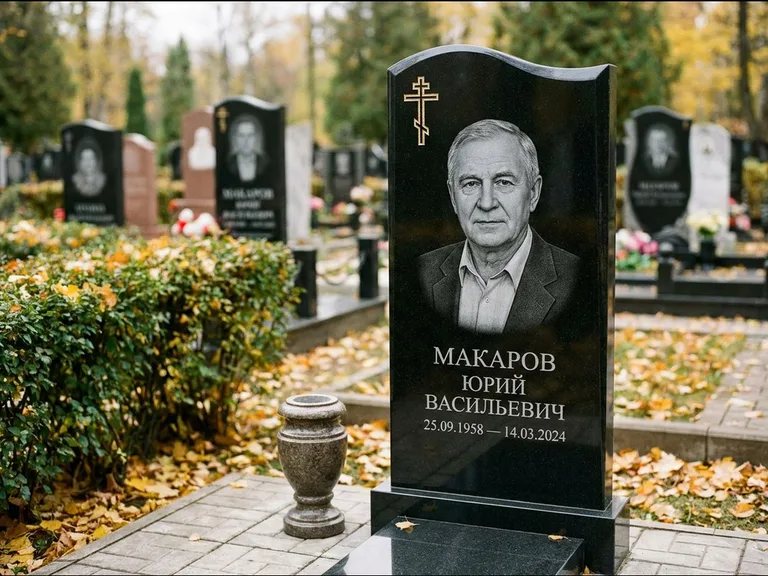 Памятник из чёрного гранита — фигурная стела с киот-нишей с процветшим крестом с виноградной лозой, работа «Богданов» в Уфе
