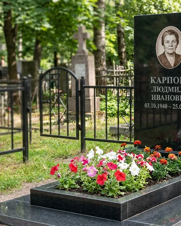 Памятник под ключ с низкой оградой и цветником в Уфе