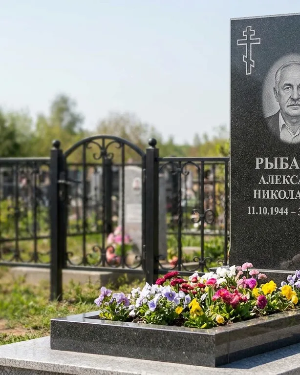 Двойной памятник под ключ с ярким цветником в Уфе