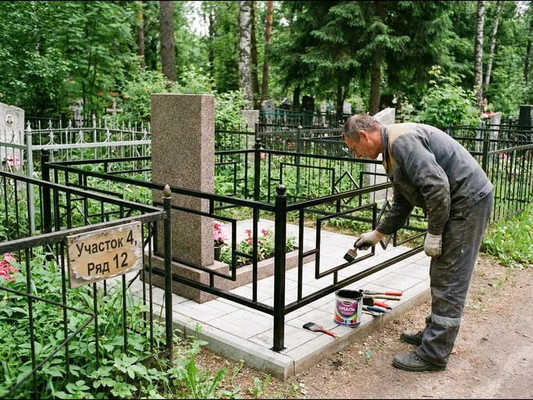 Покраска оградки на кладбище в Уфе — мастер красит металлическую ограду на могиле чёрной эмалью