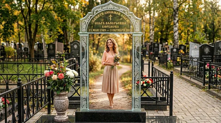 Портрет на стекле в форме арки на памятнике в Уфе
