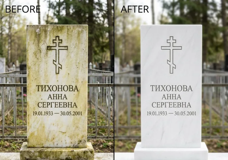Восстановление мраморного надгробия от желтизны: до и после в Уфе