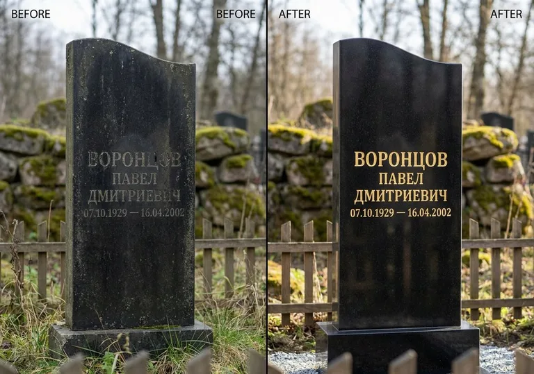 Золочение и обновление надписей на памятнике: до и после в Уфе