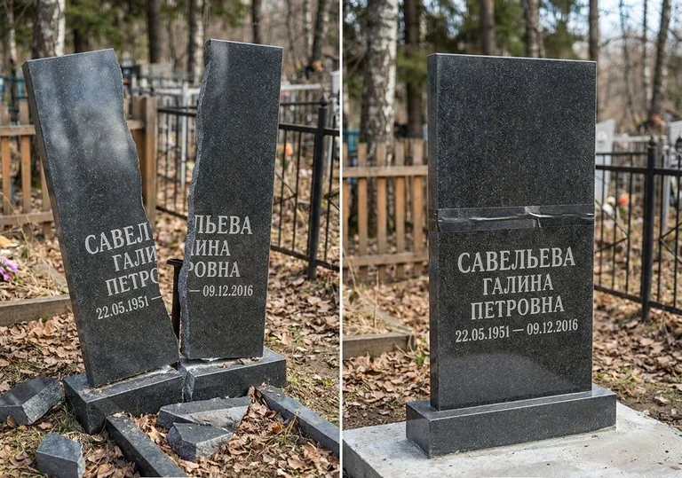 Склейка расколотого гранитного памятника: до и после в Уфе