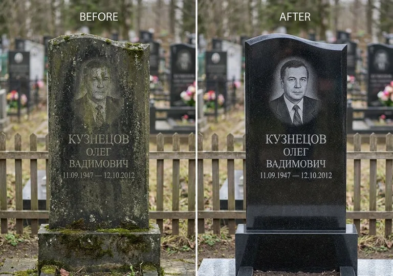 Реставрация гранитного памятника: до и после чистки и полировки в Уфе