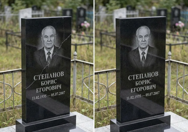 Восстановление надписи и портрета на памятнике: до и после в Уфе