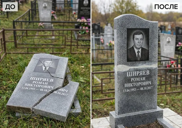Обновление золочёных букв на граните: до и после в Уфе