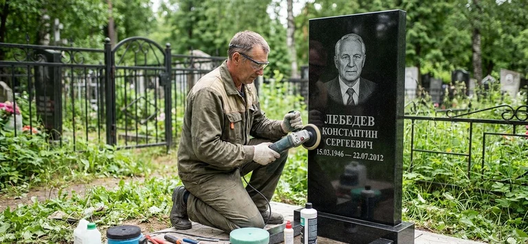 Реставрация памятника в Уфе — восстановление гранита, заделка трещин и обновление надписей на кладбище