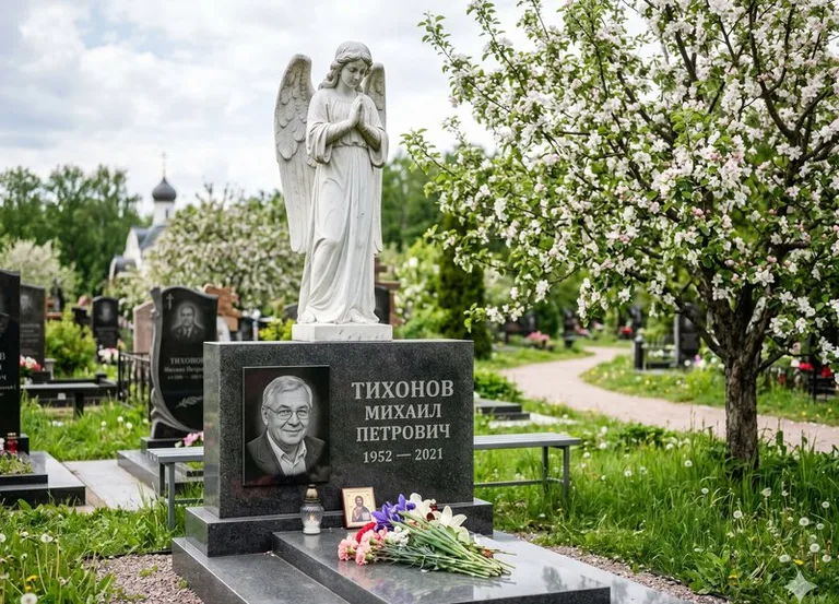 Мраморный молящийся ангел на гранитном памятнике весной в Уфе