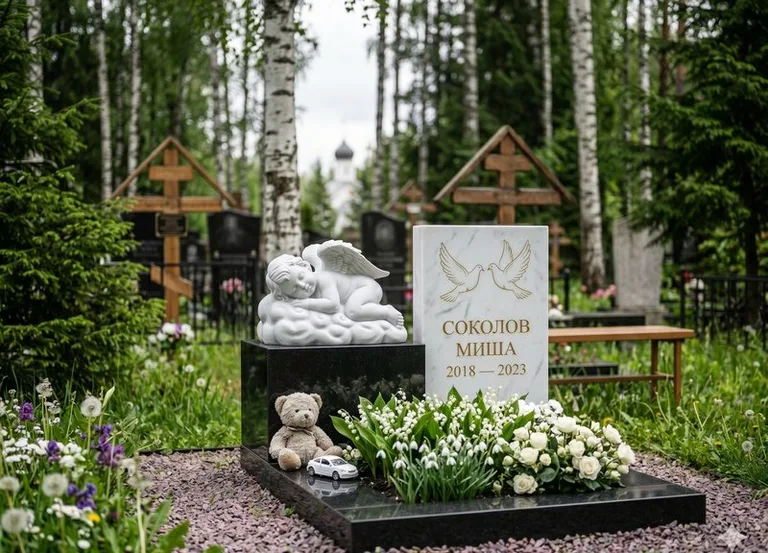 Белый ангелочек на детском памятнике в Уфе