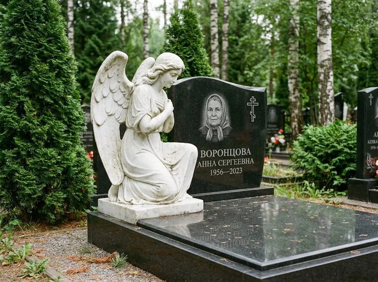 Белый мраморный ангел на гранитном памятнике в Уфе
