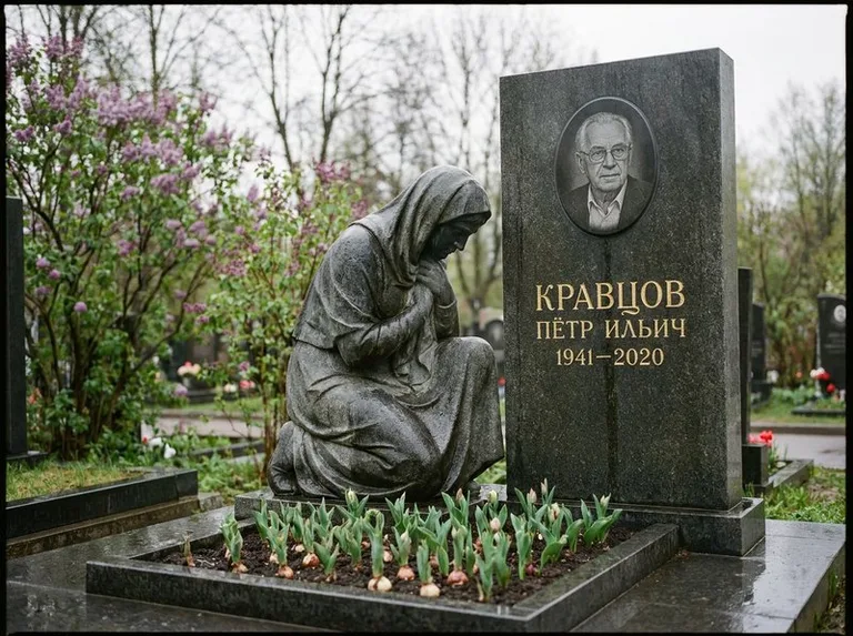 Гранитная скорбящая фигура у стелы на кладбище в Уфе