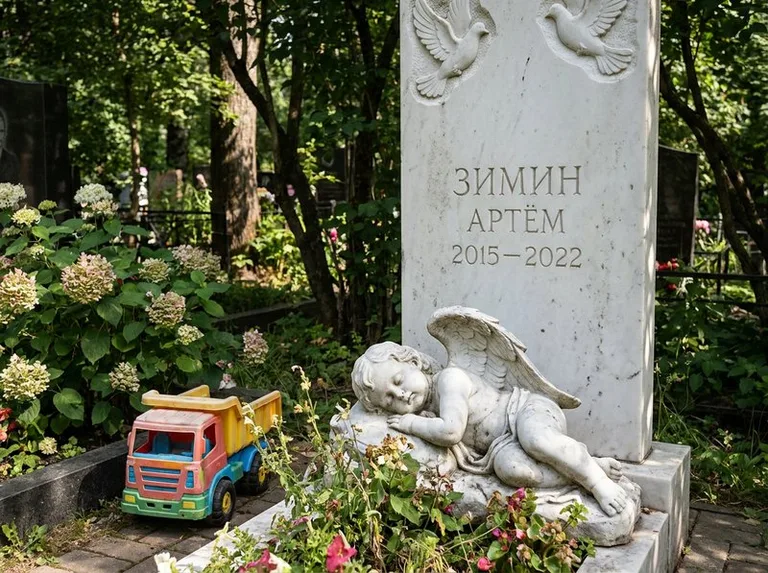 Спящий ангелочек на детском памятнике в Уфе