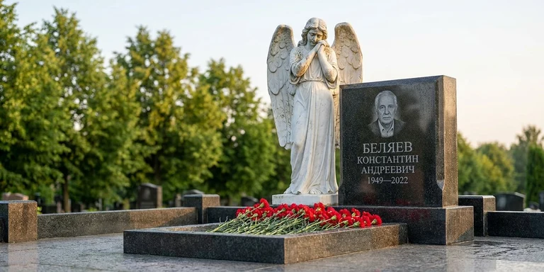 Скульптура на памятник в Уфе — мраморный ангел на гранитном мемориале