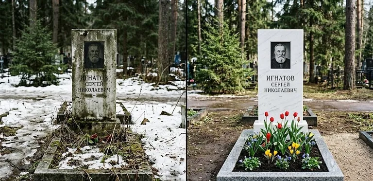 Диптих №6: высадка хризантем у подножия серого гранита — до и после уборки в Уфе