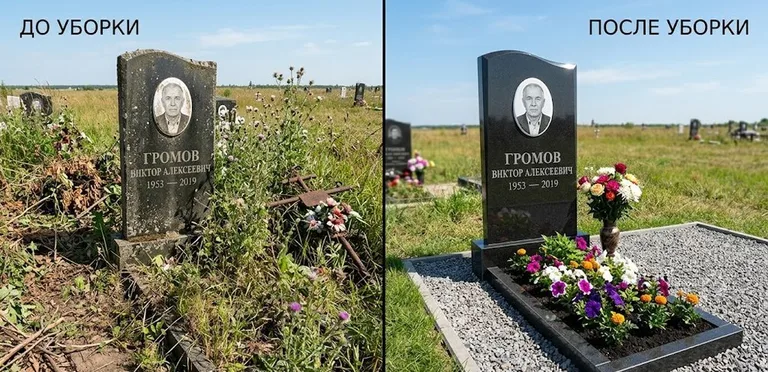 Уборка участка с обелиском до и после в Уфе