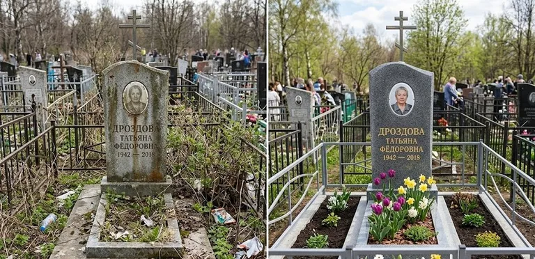 Диптих №4: свежепокрашенная серебром оградка и отмытый красный гранит — до и после в Уфе