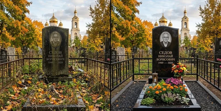 Уборка могилы до и после осенью — у церкви в Уфе