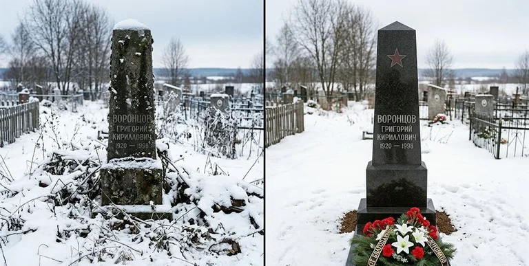 Уборка могилы до и после зимой — воинский обелиск в Уфе
