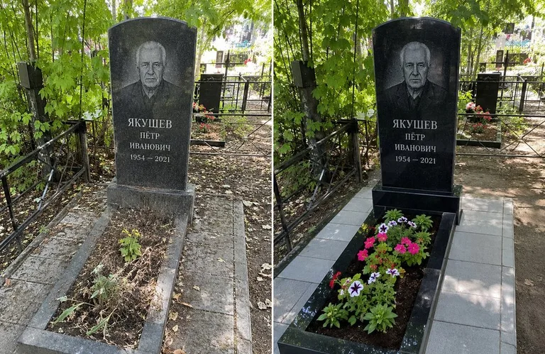 Диптих №15: мемориал с ажурной ковкой — лаковая подкраска прутьев и мойка стелы в Уфе