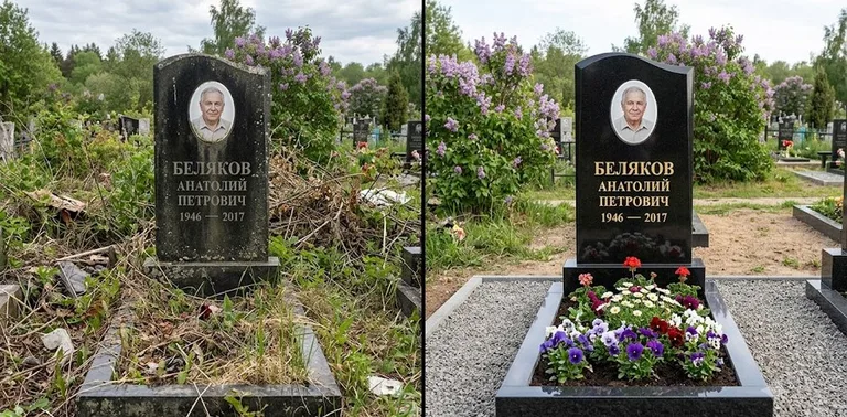 Уборка могилы до и после весной — цветущая сирень в Уфе