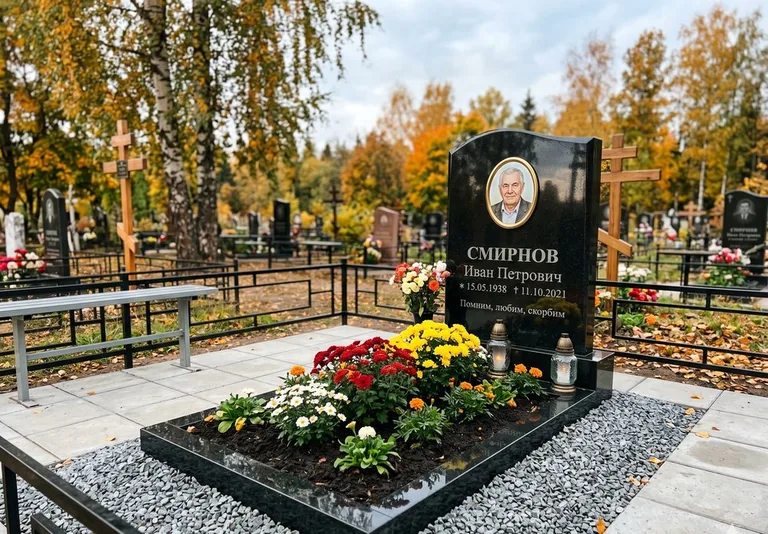 Ухоженная могила после уборки и мойки памятника в Уфе