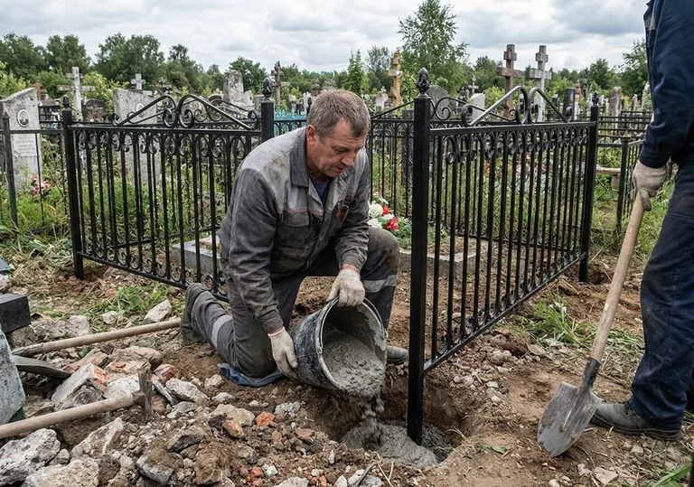 Установка ограды бетонированием ножек в грунт в Уфе