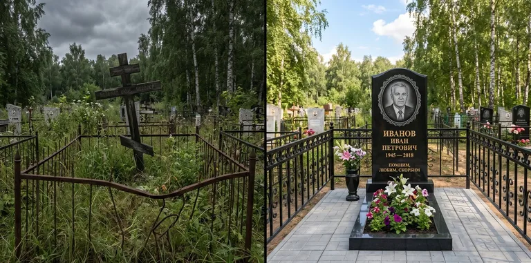 Благоустройство могилы до и после установки памятника в Уфе