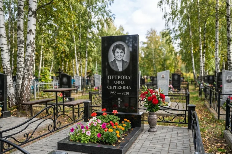 Гранитный памятник с цветником и плиткой в Уфе