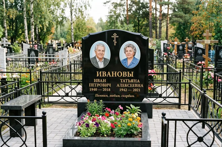 Установленный гранитный памятник с цветником и благоустройством в Уфе