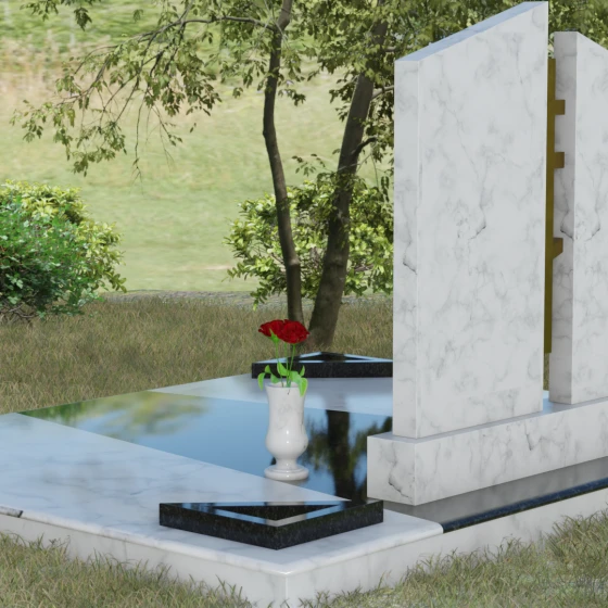 Православный комбинированный памятник с крестом, мрамор Тассос, вид 3