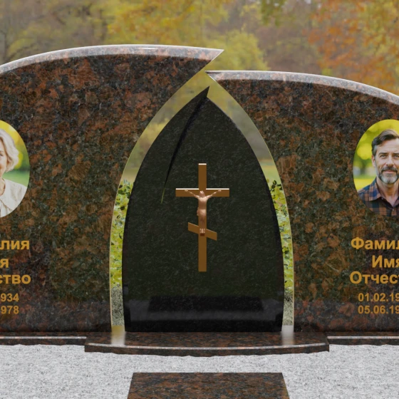 Комбинированный двойной памятник с аркой и крестом, гранит Дымовский