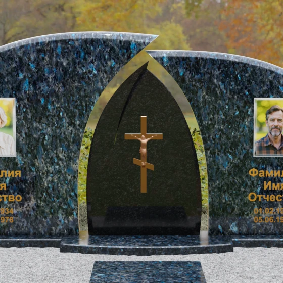 Комбинированный двойной памятник с аркой и крестом, гранит Блю Перл